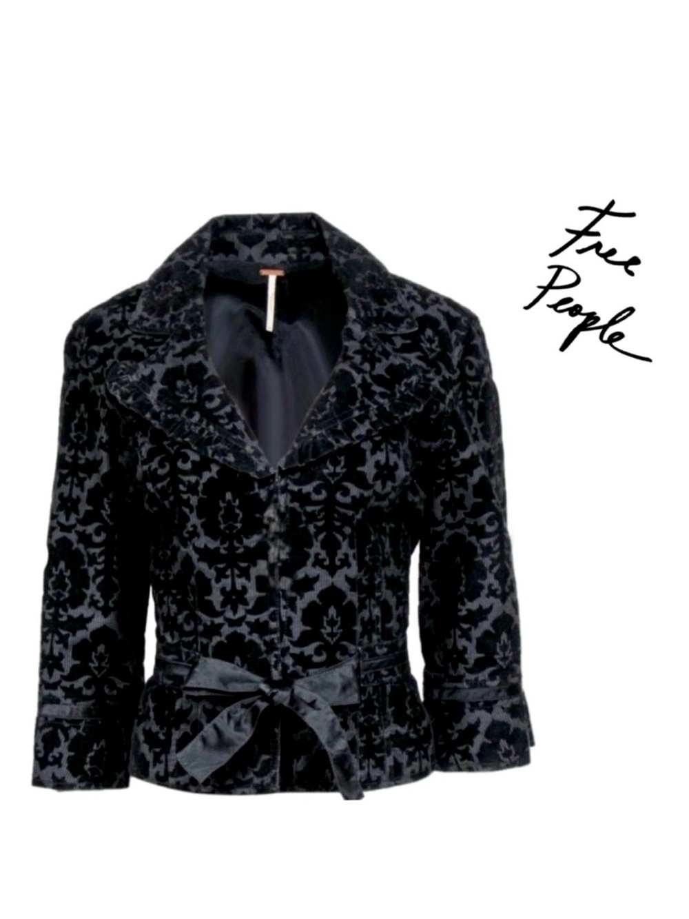 Free People Damask Print Corduroy Velvet Cropped Jacket In Black Size 0